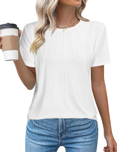 Gyabnw Blouses Tunic Tops Women Short Sleeve Cotton Crew Neck T-Shirts Casual Summer Wear Pleated Design Ladies Tops UK White