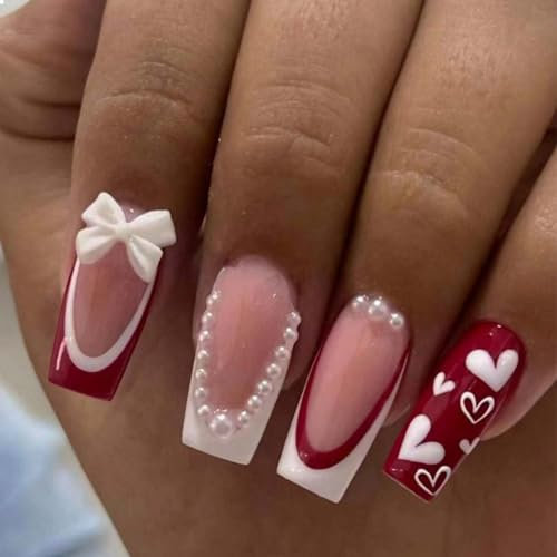 GlamRays Pack of 24 French Tip Press-on Nails with Medium Size Charms, Red White, French Manicure, Heart Shape