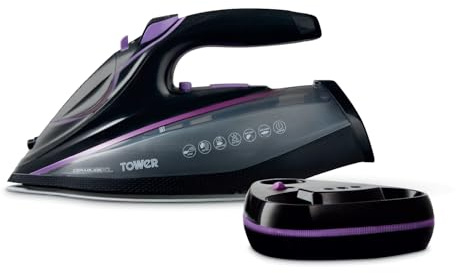 Tower T22036LIL Cordless Steam Iron with One Temp Technology & XL Ceramic Soleplate, Ant-Drip & Anti Calc Functions, 350ml Water Tank, 3100W, Lilac & Black