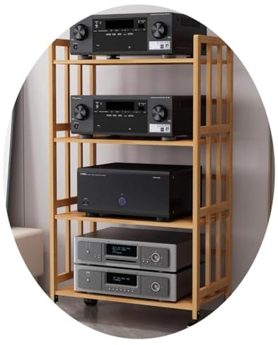 HiFi-Bambus-Rack mit Walze für Stereoanlagen und AV-Komponenten, 4-stöckig, Holzfarben, 50 x 38 x 123 cm