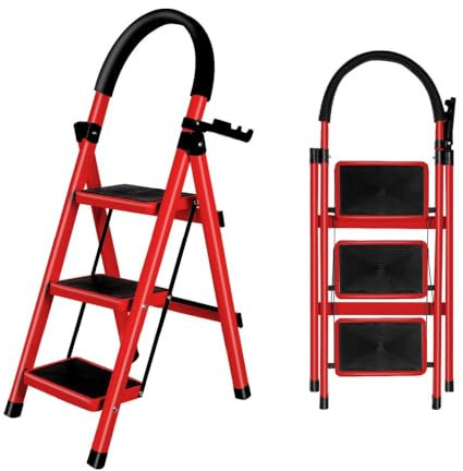 OHMG Escabeau en Acier 3 Marches Tabouret Marche Pied Pliant Echelle avec Pieds Anti Dérapant Max 150kg,Échelle Pliable avec Marches et Pieds Antidérapants,Charge 150 kg
