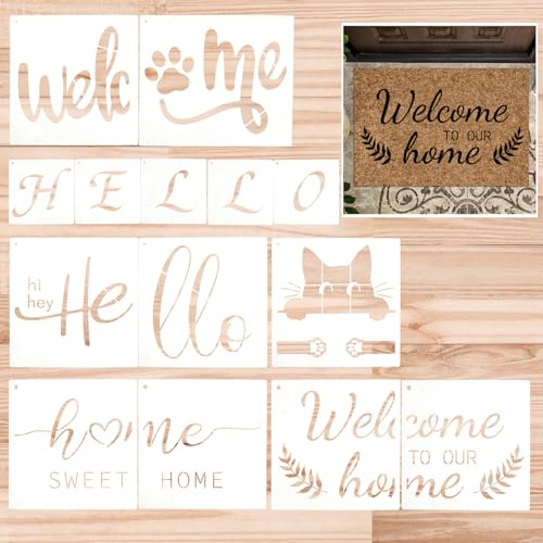 HICOHAND Lot de 6 grands pochoirs de bienvenue réutilisables en PET pour dessin sur mur en bois, paillasson, tissu, tableau noir