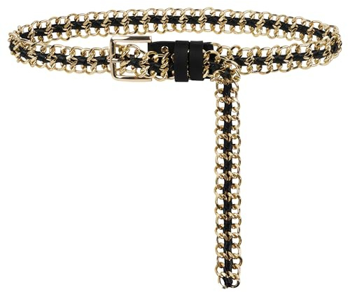 Linkidea Plus Size Chain Belt for Women, Gold Black Color Trendy Waist Belt, 43.3 Inch Adjustable Body Chunky Chain for Dresses, Party, Casual Wear, Fashion Jewelry Accessory
