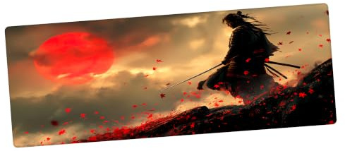 TRYNOVAS Tappetino Mouse XL 80×30 cm (3mm) – Samurai Sole Rosso, Arte Giapponese Minimal – Desk Pad Gaming Antiscivolo, Bordi Cuciti, Tappetino Scrivania per PC