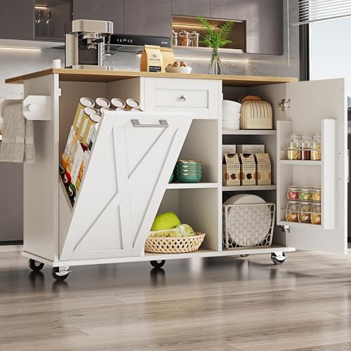 Wyibwy Carrello da cucina con bidoni della spazzatura,isola da cucina su ruote con piano di lavoro pieghevole,carrello da pranzo con ripiani per snack,tavolo da pranzo con cassetti e divisori,bainco