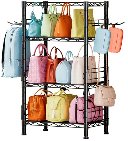 Wooruy 3-stöckiger Handtaschen-Organizer, freistehender Bag Storage Halter mit Seitenhaken, höhenverstellbarer Handtaschen-Organizer für Kleiderschrank, Schlafzimmer, Wohnzimmer, Flur schwarz