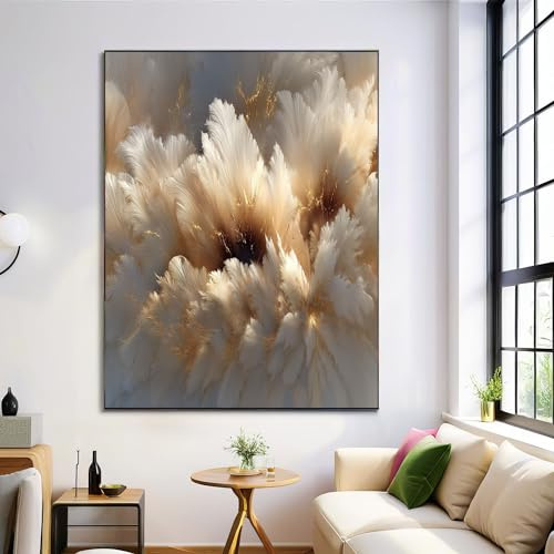 Grauweiß Leinwand Kunstwerk Poster, Abstrakt Feder Ästhetik Kunst Druckbild und Kunstdrucke, Wand Bilder Bilder für Wohnzimmer Inneneinrichtung Dekor 50x70cm Ungerahmt