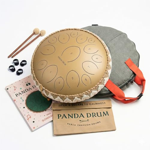 Panda Drum Pro (Sandstone) | Steel Tongue Handpan with Music Book, Mallets, Carrying Bag & Finger Picks | 15 inch, 432 Hz | Rain Drum for Inside, Outside | Calming Musical Instrument for Adults, Kids