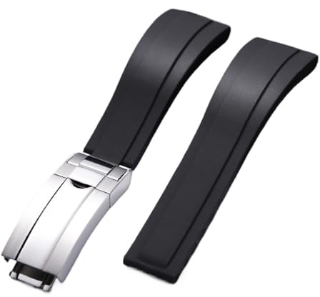SRTYDCUR Kompatibel mit Rolex-Silikon-Uhrenzubehör, kompatibel GMT Submariner, grün-schwarzes Uhrenarmband, flaches Schnittstellenband, 20 mm Faltschließe(Black,20MM_ROSE GOLD BUCKLE)