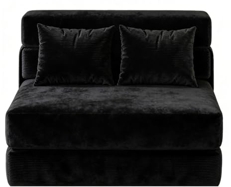 OPULENTHOME Schlafsofa, 2-Sitzer, faltbar, mit Kissen, 2-in-1-Bettsessel, ausklappbar, aus Velours, Faultiersofa/Sessel für Schlafzimmer, Wohnzimmer (107 x 32 x 32 cm, schwarz)