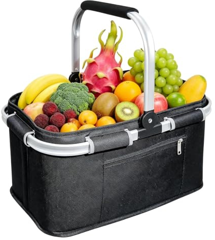 35L Einkaufskorb Faltbar, Großer Einkaufskörbe Korb mit Gepolsterten Griffen, Einkaufskorb Geeignet für Büro, Camping, Picknick und Reise Isoliertasche (B Schwarz)