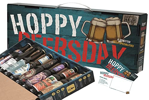 KALEA Hoppy Beersday | Bier Box mit Tragegriff | gefüllt mit 8 x 0,33l Biere | inkl. Grußkarte | Biergeschenk zum Geburtstag | Vatertag | Muttertag