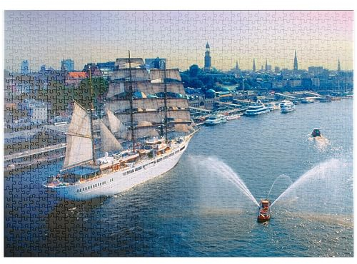 MyPuzzle Begrüßung der Sea Cloud an den St. Pauli Landungsbrücken, Hamburg, Deutschland - Premium 1000 Teile Puzzle - MyPuzzle Sonderkollektion von Puzzle Galaxy