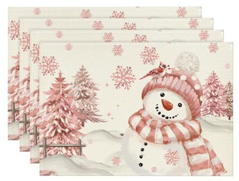 Artoid Mode Rosa Schneemann Weihnachten Platzsets 4er Set, 30x45cm Winter Xmas Tischset Waschbar Platzdeckchen Küche Party Deko