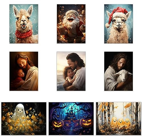SHYAMIC 9er Set Bilder Weihnachten Leinwandbild Kunstdruck, Tiere, Jesus, Kürbis Wandbild X-Mas Fenster Kunstdruck Leuchtbild, Weihnachten Winteridylle Effekt - 20x25 cm Ungerahmt