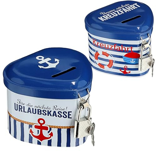 Spardose Kreuzfahrt Urlaubskasse in Herzform | Eisen 8x6x7,5cm blau weiß | Maritime Sparbüchse mit Schloss 2 Motive (1 x 2er Set Spardose Maritim)