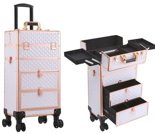 BTGGG Upgrade Professional Makeup Trolley with Drawers, Detachable Shinning Lockable Cosmetic Vanity Case Beauty Trolley on Wheels, Rolling Train Case Artist Nail Technician Case, Diamond White