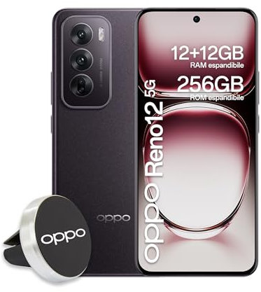 OPPO Reno12 5G AI Smartphone, Tripla fotocamera 50+8+2MP, Selfie 32MP, Display 6.7” 120HZ AMOLED FHD+, 5000mAh, RAM 24GB (12+12) +ROM 256GB, Supporto Auto [Versione Italia], Black Brown