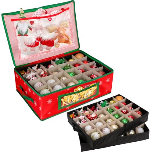 Hysagtek Xmas Tree Decorations Storage Box - 48 Slots Christmas Bauble Container With Lids, Dual Zippers, and Removable Adjustable Dividers - Ornament Organizer Snowflake Design