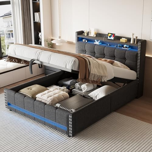 Aoskem Polsterbett 140x200 cm Doppelbett LED-Bett mit Stauraum, Kopfteil mit USB-Ladestation und Ablagen, Bettgestell mit Lattenrost, Hydraulisches Stauraumbett Jugendbett, Ohne Matratze, Leinen Grau