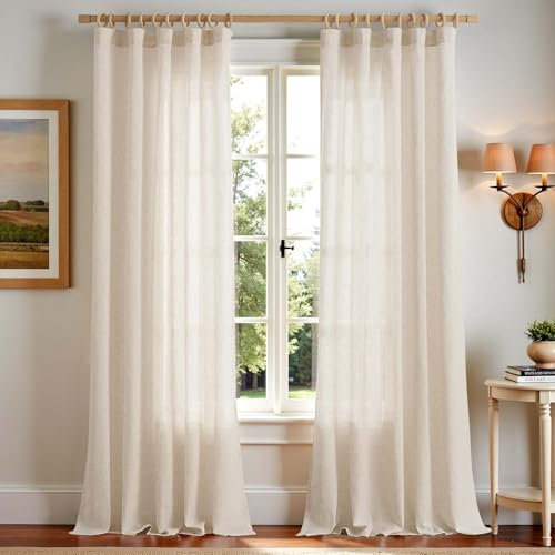 Topick Gardinen mit Kräuselband Leinen Vorhänge für Wohnzimmer Schlafzimmer Stores Halbtransparent Vorhange für Schienensystem Landhausstil Gardinen mit Verdeckten Schlaufen 2er Set 140Bx245H (cm) Roh