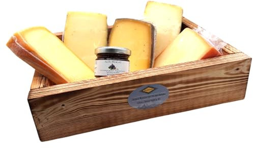 BAVAREGOLA Südtiroler Käse Geschenkekiste - Präsentkorb gefüllt mit 5 Käsevariationen & Feigensenf - Genuss Geschenk für Männer & Frauen