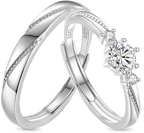 GNOCE Ring „Liebe auf den ersten Blick“ Verstellbarer Diamant Bandring für Damen 925 Sterlingsilber Ring Paar Vorschlag Verlobungsring Ehering Geburtstagsgeschenk (D+M)