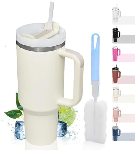 IFJA Reusable 40oz Tumbler with Straw and Handle – Double-Wall Vacuum Insulated Travel Mug, 1.2L Leakproof Stainless Steel Cup – Cold 12H/Hot 8H – Creamy Color – Free Brush Included – BPA Free