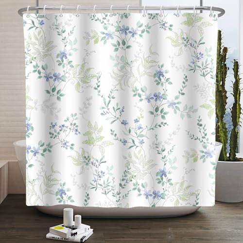 Kzzfqxb 183x183cm Rideaux de Douche à Fleurs Bleu Blanc avec Crochets, Feuilles Vertes Herbes Branches de Fleurs Sauvages imperméables pour Le Bain, Polyester drapé pour Baignoire de Salle