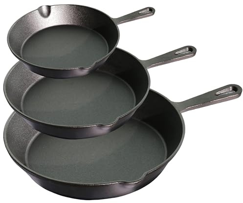 La Cuisine - Juego de 3 sartenes de hierro fundido presazonadas de 15, 19 y 25 cm, naturalmente antiadherentes para freír, asar, saltear, hornear, fogata, apto para horno, calentamiento uniforme