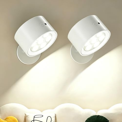 Cnlux Lampara Pared LED 2 Piezas, Magnética Recargable con Control y Táctil | Aplique Pared Interior Sin Cable con 3 Colores Regulables, Mando Remoto, Giro 360° para Dormitorio y Salón