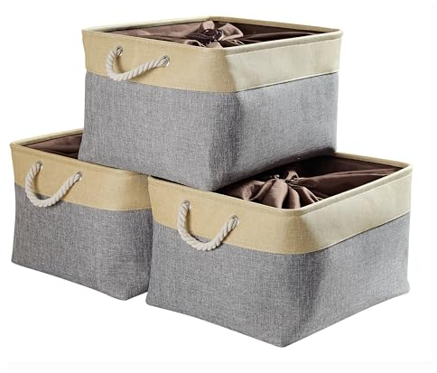 Mangata 3 Stück aufbewahrungskorb Stoff, aufbewahrungsbox groß Schrank, Korb aufbewahrung Stoff mit Seil für Spielzeug, kleiderschrank, Regale, Kleidung (Faltbare,XL, Grau Beige)