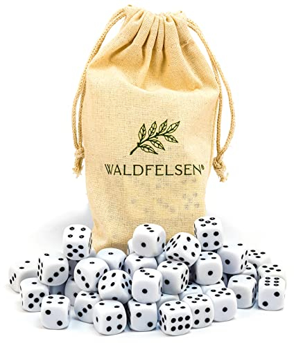 Waldfelsen 6, 12, 20, 30 o 50 dadi di alta qualità, dimensioni standard 16 mm, dadi acrilici, dadi da gioco, 6 lati, set di accessori da gioco con sacchetto di stoffa (bianco, 50 pezzi)