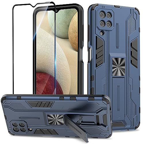 Btstring Hülle kompatibel mit Samsung Galaxy A12 /M12 mit Schutzfolie, Militär Standard Cover Case Standfunktion Handy Hüllen- Blau