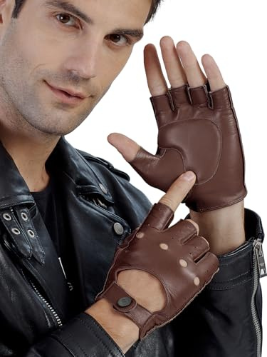 GSG SINCE 1998 Men's Fingerless Leather Gloves for Driving Brown Medium