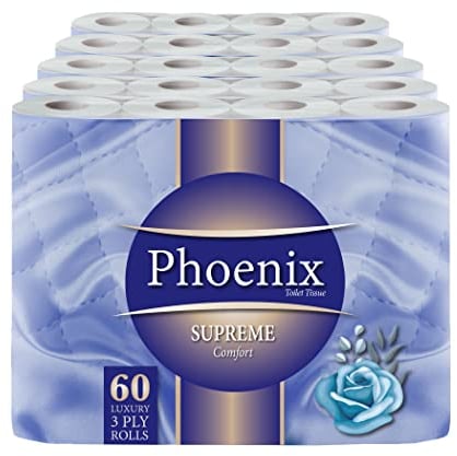 Phoenix Toilet Rolls – 60 Pack | 3 Ply Supreme Unscented Toilet Paper | Bulk Buy, Soft, Quilted, Sustainably Sourced, Eco- Friendly Luxury Bathroom Tissue