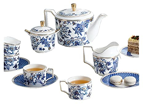 Court Style Teiera Teiera Set da 4 Persone Set Tazzine caffè Caffettiera Cremiera Zuccheriera Set Tazza da tè con piattino