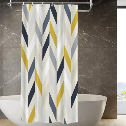 BaoNews Rideau de Douche en Polyester imperméable à Motif géométrique doré Bleu Marine à Chevrons pour Cabine de Douche, Salle de Bain avec 6 Crochets, 91,4 x 183 cm