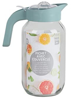 Emilja® Glaskrug Pichet 1,5L mit Deckel und Ausgießsieb Pichet - olivgrün - Glaskaraffe Saftkrug Wasserkrug