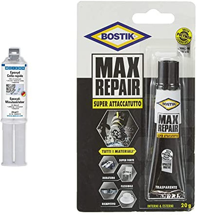 WEICON Epoxy Colla Rapida, siringa doppia da 24 ml, colla epossidica bicomponente per metallo & Bostik MAX REPAIR adesivo di riparazione super forte, flessibile, per incollaggi estremi g 20