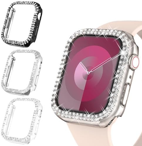 Wingle 3-Pack Women Bling Cases Compatible with Apple Watch 40mm SE Series 6 5 4, Women Shiny Diamond Protective Cover frame Without Protective Film for iWatch Case 40mm (Black,Silver,Clear)