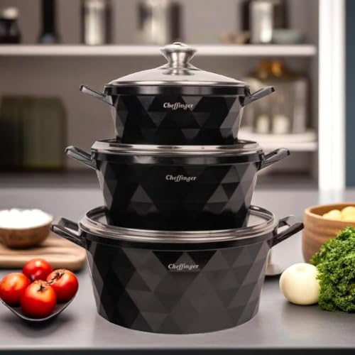 Tris casseruole diamantate in pietra lavica e induzione misura 20/24/28 colore nero