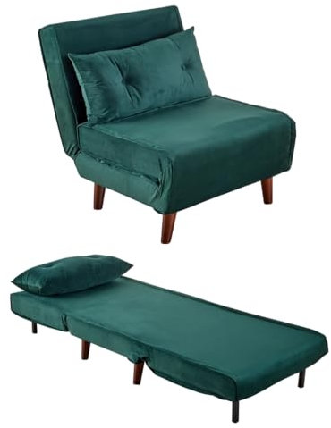 Home Source Single Sofa Bed Futon Chair with Pillow, Folding Recliner Settee, Green Velvet