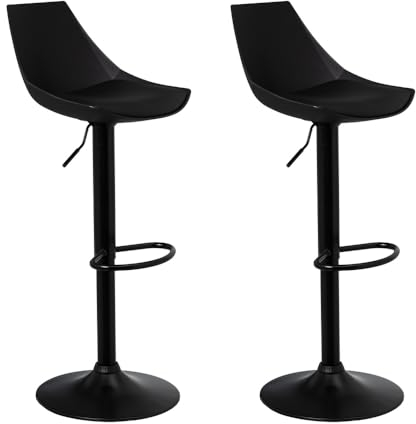 LOLAhome Set de 2 Taburetes Altos Cocina Giratorios en 360°, Juego de Sillas de Bar Regulables en Altura de 83 a 104 cm, con Respaldo,Material Polipiel, Estructura Metal Negra y Reposapiés, Negros