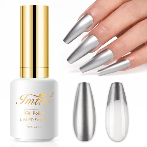 Imtiti Metallic UV Nagellack- 15ML Silber Metallic Chrom Gel Nagellack Mirror Superglänzendes Gel Nail Polish Mit Metall Spiegel Effekt Gellack Soak Off UV Led DIY Nagelkunst Salon Maniküre