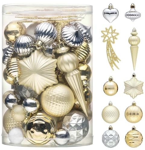 Valery Madelyn Christmas Tree Decorations 60pcs, Gold and Silver White Xmas Baubles Shatterproof Ball Ornaments Set