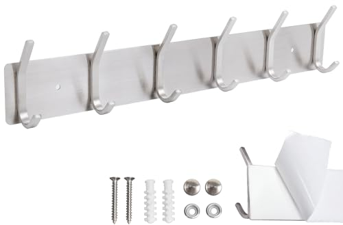 Qiannhee Hakenleiste Edelstahl ohne Bohren Kleiderhaken 43cm 6 Haken Silber Garderobenleiste ohne Bohren Garderobenhaken Leiste für Badezimmer Küche Bettzimmer Wandgarderobe Handtaschen Wohnstube