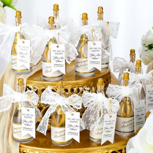 Sunnychicc 20 Pcs Mini Champagne Bottle Bubble Bulk for Wedding Favors Champagne Bottle Shaped Bubbles Set with Ribbons and Cards Champagne Bottles for Shower Guests Bridal Gifts