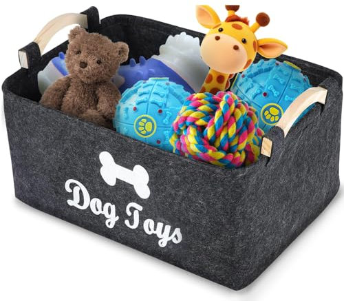 Hojalis Dog Toy Storage Basket, 38x25x18cm Felt Dog Toys Box with Wooden Handle, Collapsible Puppy Toy Storage Box for Storing Pet Toys, Blankets and Accessories (Black)