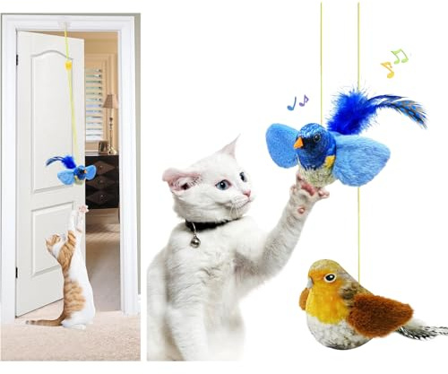 jiuhao 2-Pack Hanging Door Cat Bird Toy,Interactive Cat Toy Door Hanging with String, Squeaky Flying Bird Toy for Kitten Toys Self Play, Indoor Cat Toys for Door Frame & Window